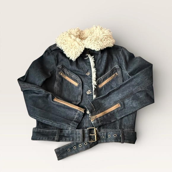 Steve Madden Dark Denim Jacket Plush Lapel Zip Sleeves Size M Timeless Mob Wife - Picture 13 of 14